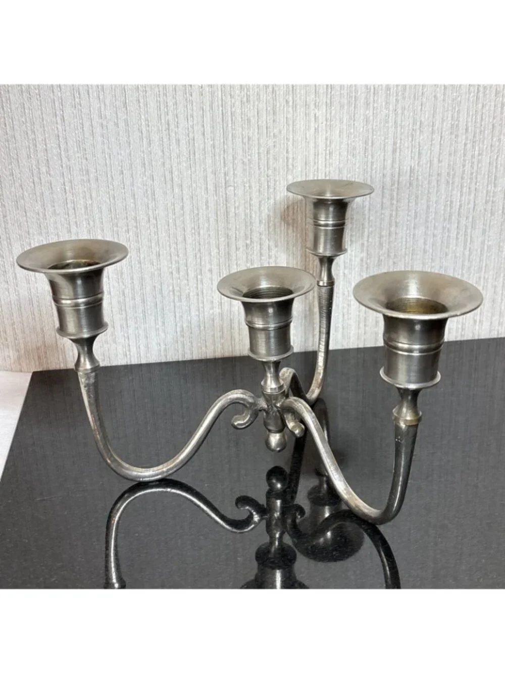 Vintage Candelabra Taper Candle Holder Set Silvertone Metal Ornate Scroll Arm